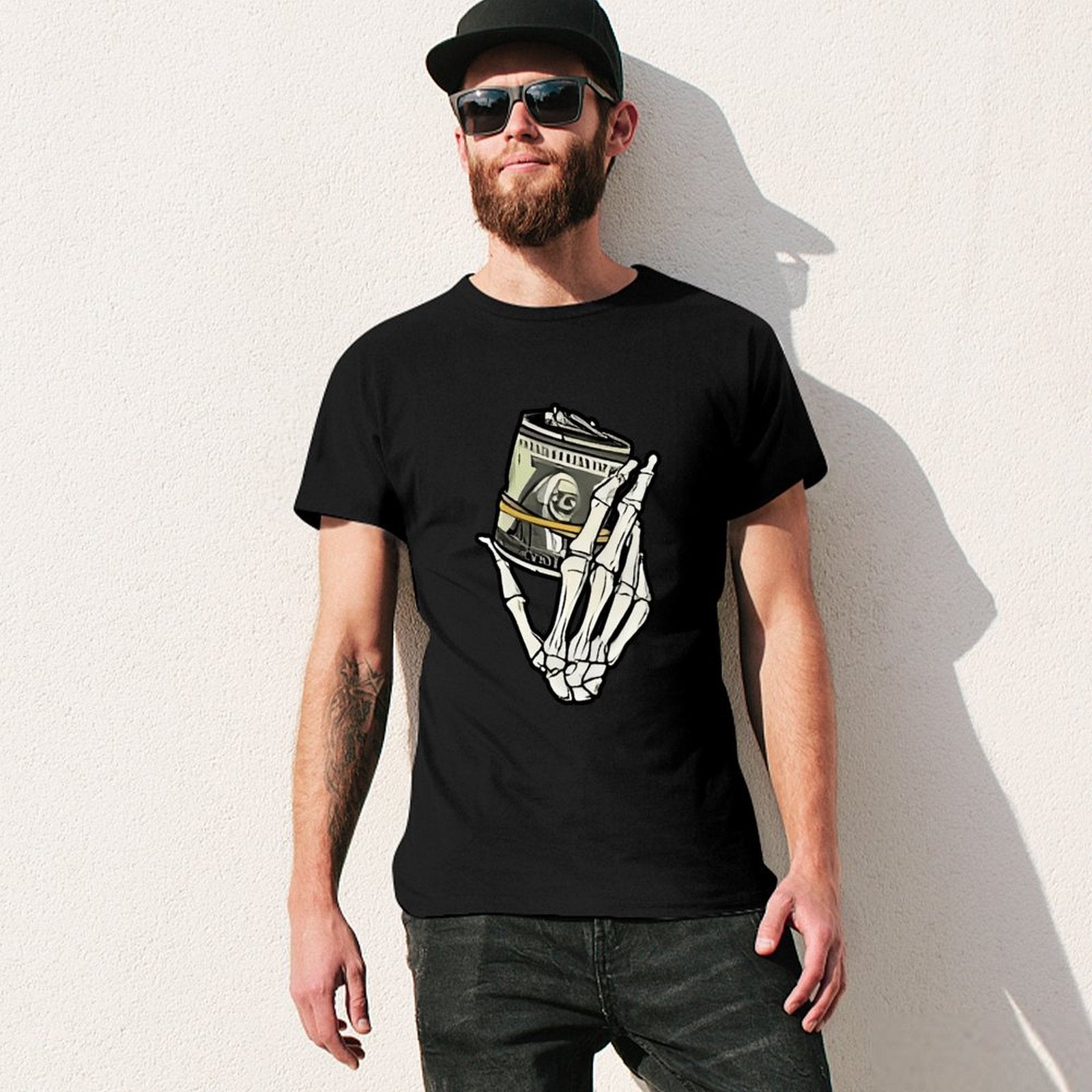 Inkmay Casual  Cotton T-shirt Skeleton Hand Holding Film Roll Art Unisex T-shirtChill Colorfast T-Shirt