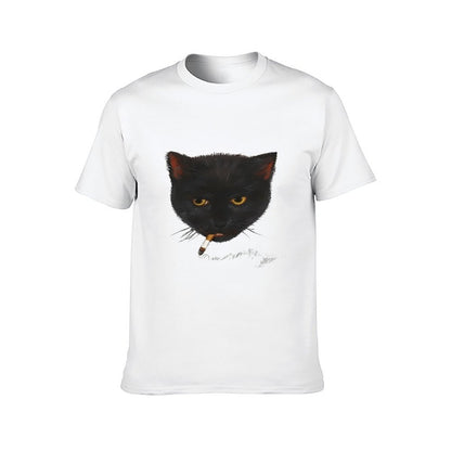 Inkmay Casual  Cotton T-shirt Black Cat Smoking Cigarette Art Print Unisex T-shirtRetro Daily T-Shirt