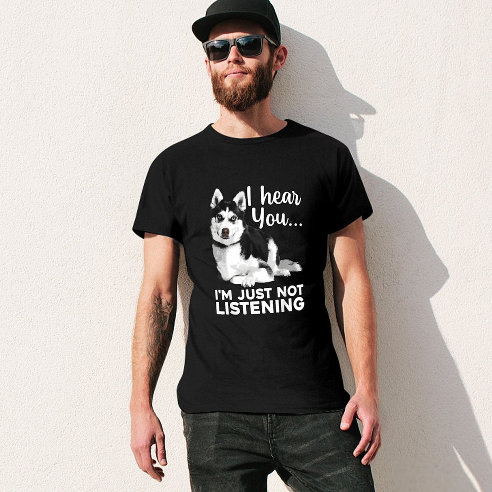 Inkmay Casual  Cotton T-shirt Husky Dog With Text Overlay Unisex T-shirtSeamless Sharp T-Shirt