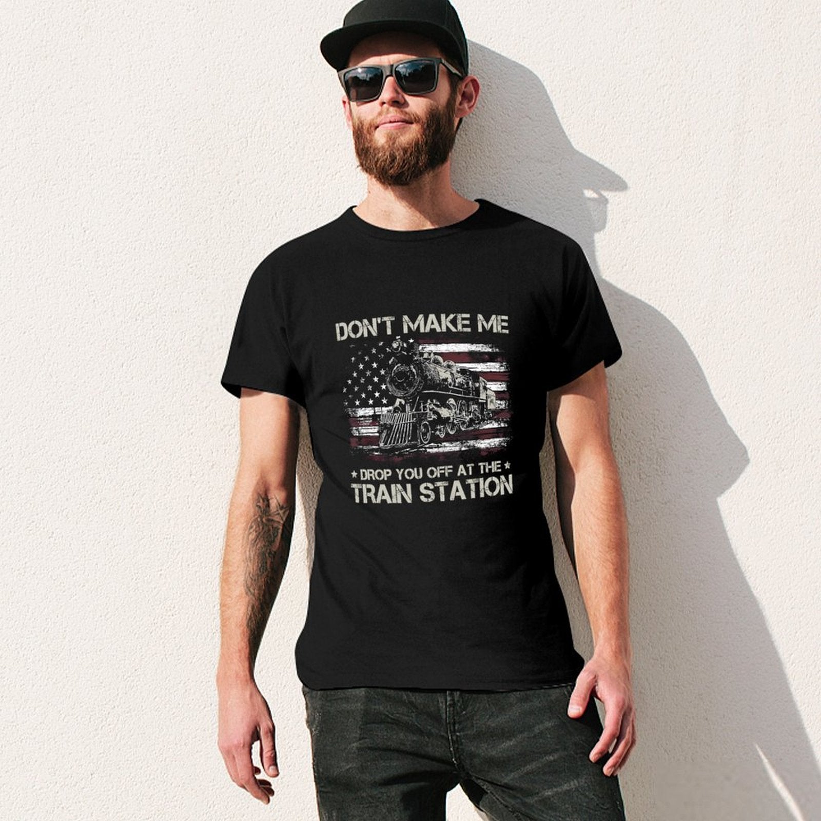 Inkmay Casual  Cotton T-shirt American Flag With Train Graphic Design Unisex T-shirtMidweight Soft-Touch T-Shirt