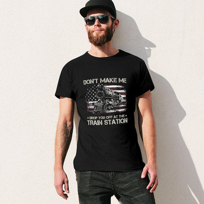 Inkmay Casual  Cotton T-shirt American Flag With Train Graphic Design Unisex T-shirtMidweight Soft-Touch T-Shirt