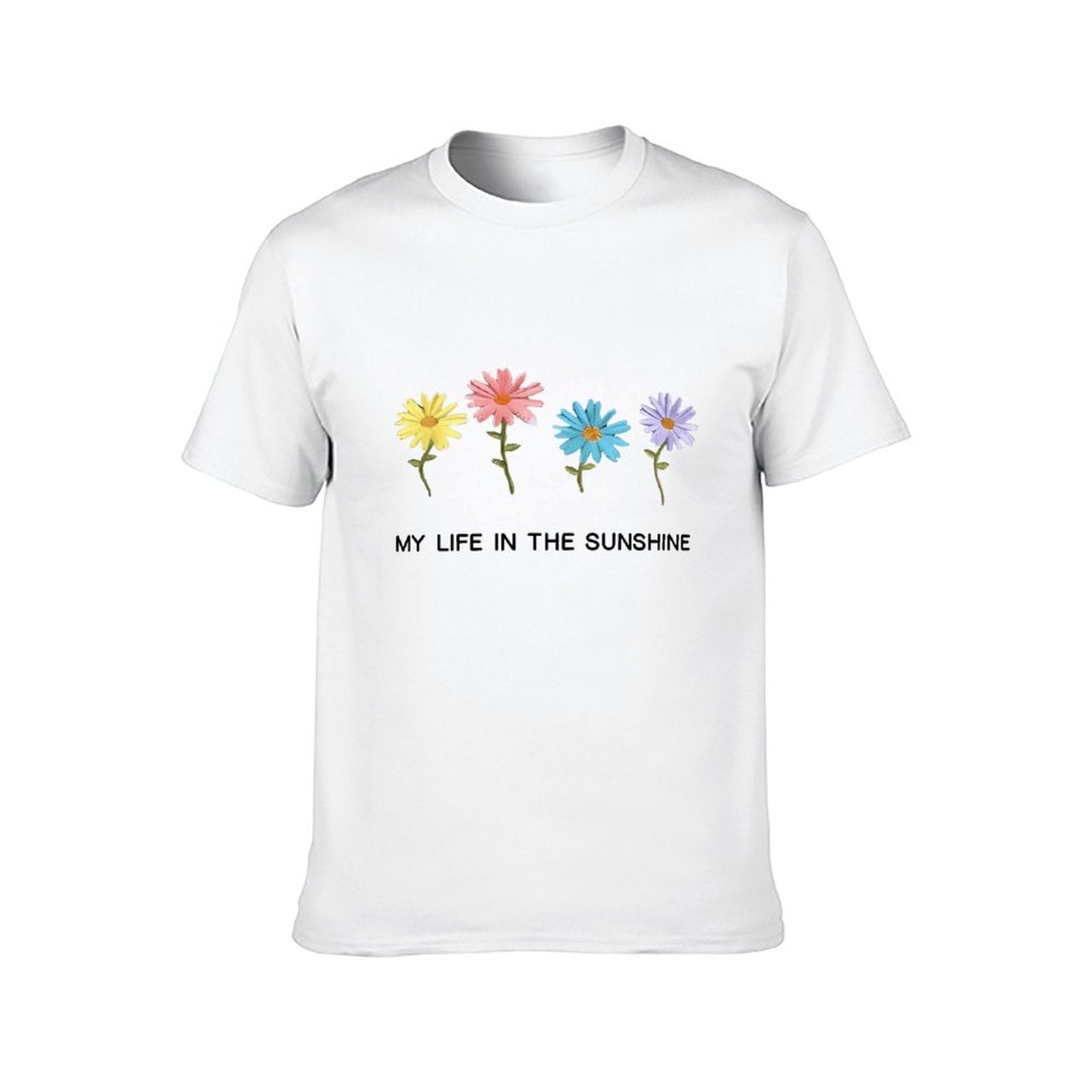 Inkmay Casual Cotton T-shirt Colorful Flowers On White Background Design Unisex T-shirtClassicSeries Tear-Resistant T-Shirt