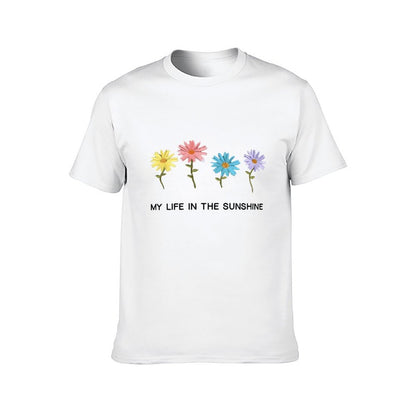 Inkmay Casual Cotton T-shirt Colorful Flowers On White Background Design Unisex T-shirtClassicSeries Tear-Resistant T-Shirt