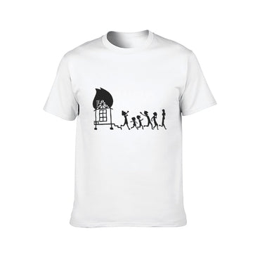 Inkmay Casual Cotton T-shirt Fire House Silhouette Running People Pattern Unisex T-shirtPocket Tee EasyWear T-Shirt