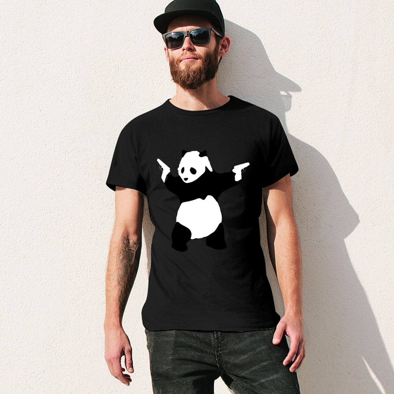 Inkmay Casual  Cotton T-shirt Panda Design On Black Background Unisex T-shirtClassic EverydayTee T-Shirt