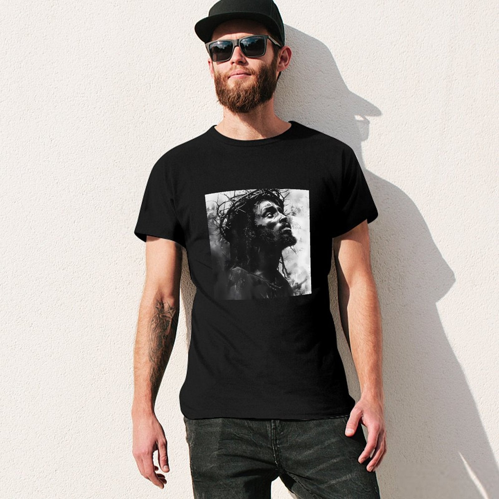 Inkmay Casual  Cotton T-shirt Artistic Jesus With Crown Of Thorns Unisex T-shirtClassic Fit Crisp Print T-Shirt
