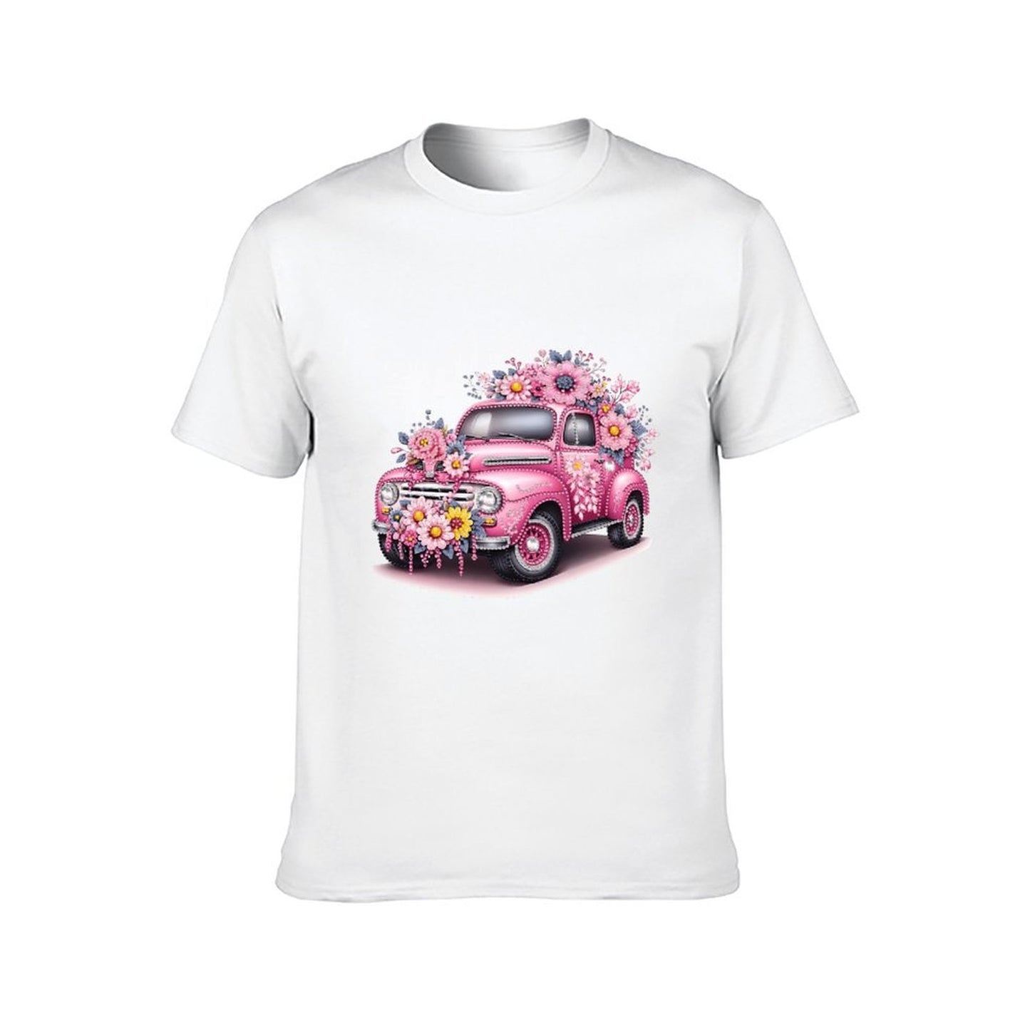 Inkmay Casual Cotton T-shirt Floral Decorated Pink Car Artwork Unisex T-shirtComfort Crisp Print T-Shirt
