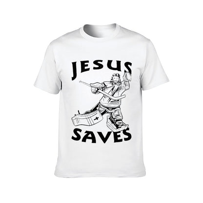Inkmay Casual Cotton T-shirt Jesus Saves Hockey Goalie Pattern Print Unisex T-shirtClean Edges Outdoor T-Shirt