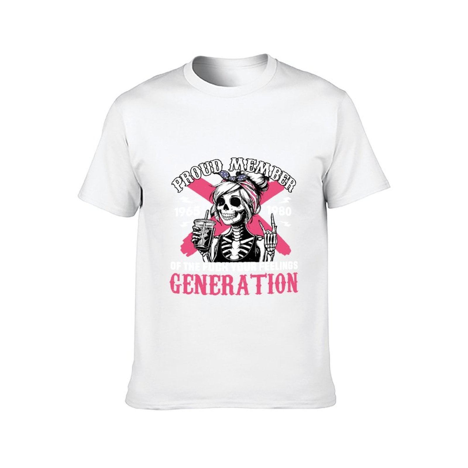 Inkmay Casual Cotton T-shirt Proud Member Skeleton Girl Pink Background Unisex T-shirtStrong V-Neck T-Shirt