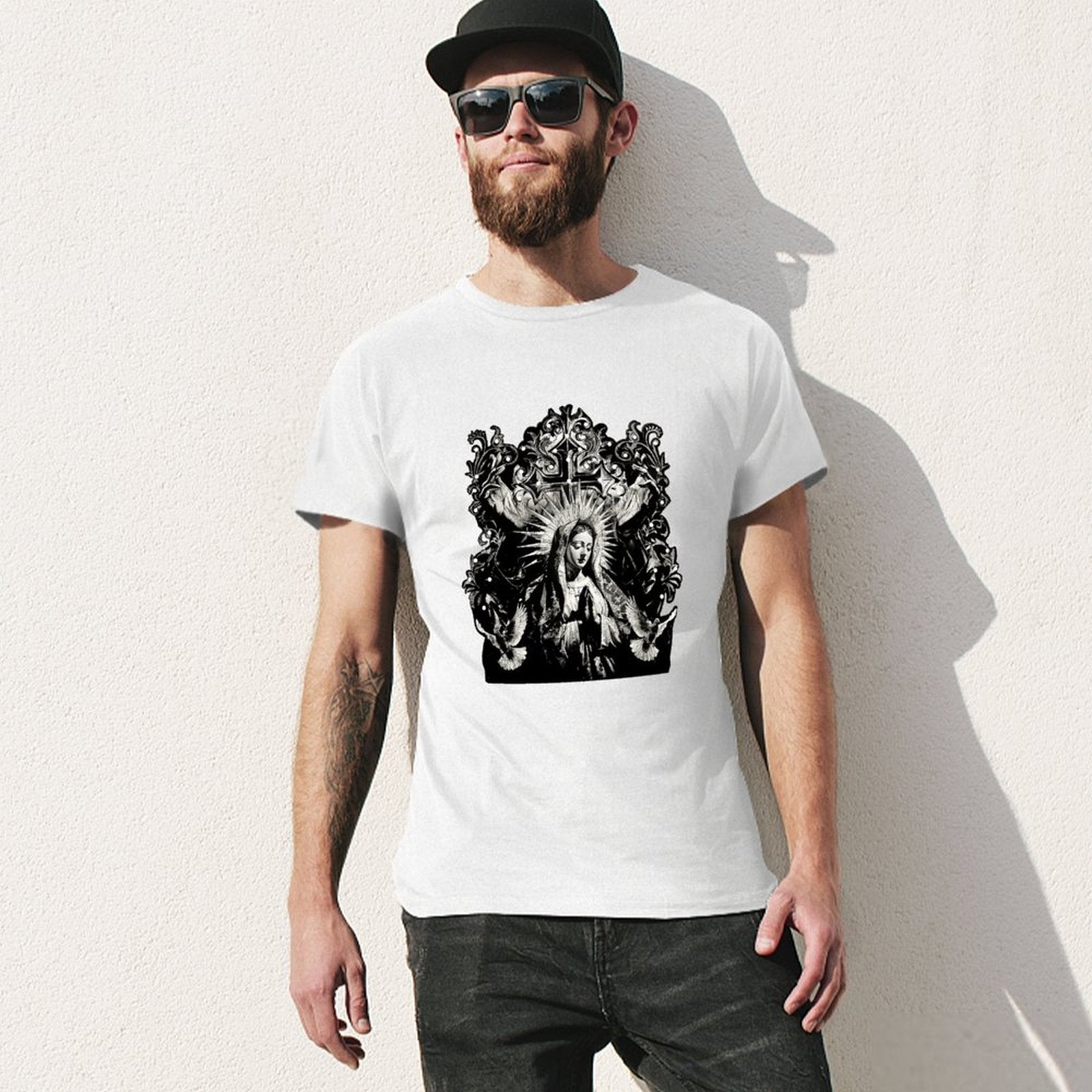 Inkmay Casual  Cotton T-shirt Virgin Mary With Radiant Halo Wings Unisex T-shirtOversized Premium Finish T-Shirt