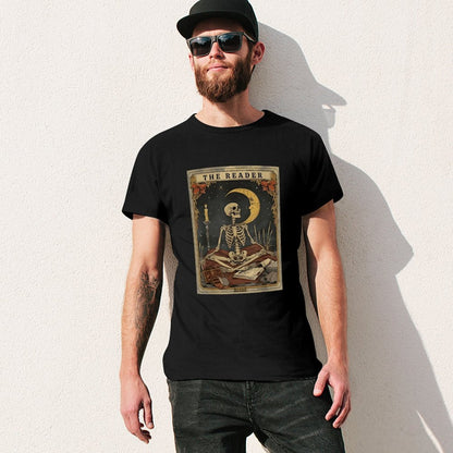 Inkmay Casual  Cotton T-shirt The Reader Skeleton With Crescent Moon Unisex T-shirtSimpleFit RelaxFit T-Shirt