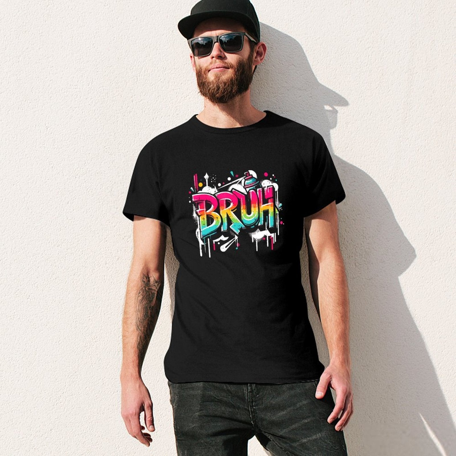 Inkmay Casual  Cotton T-shirt Colorful Graffiti Style Bruh Text Art Unisex T-shirtPrint-Ready Relaxed T-Shirt