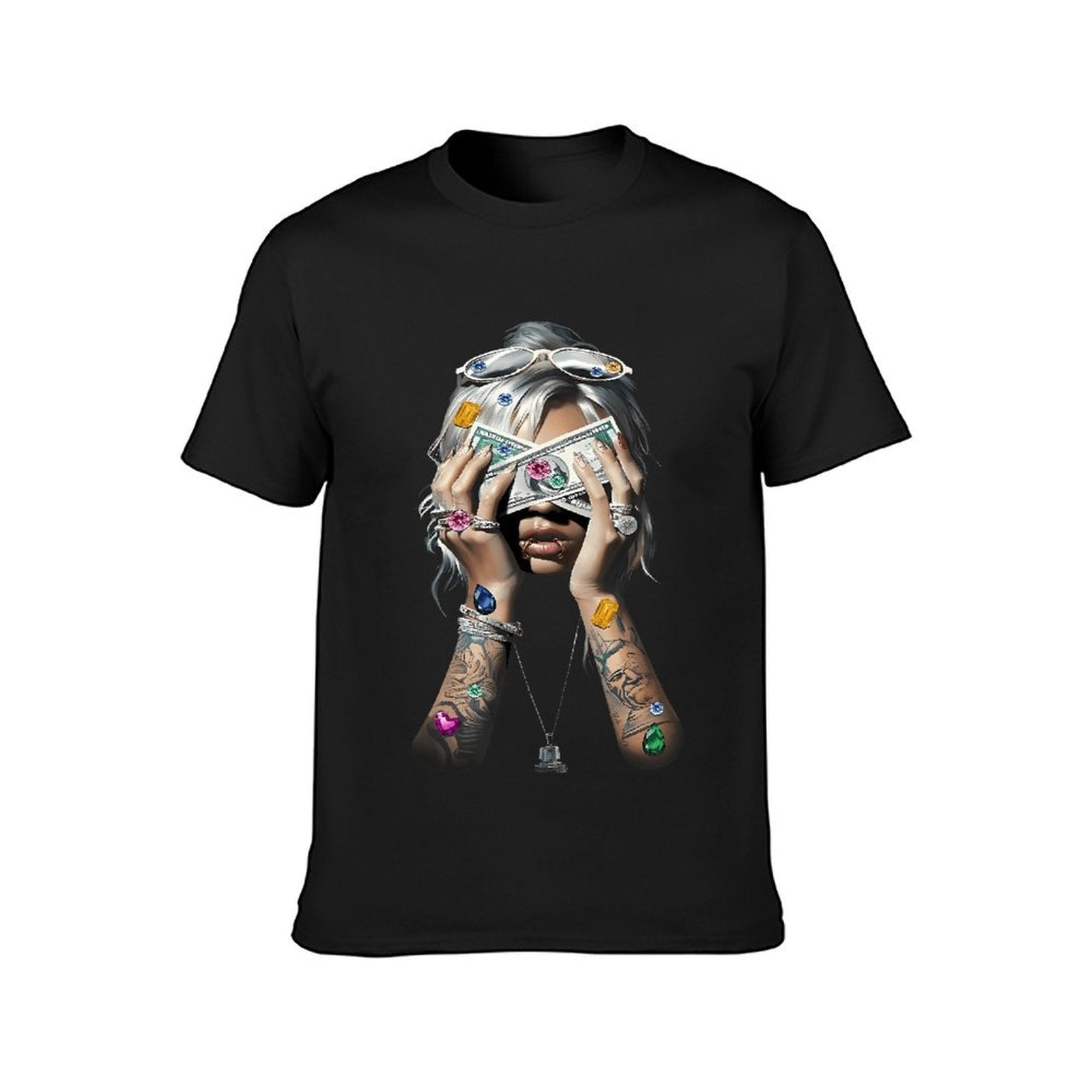Inkmay Casual Cotton T-shirt Luxury Woman Holding Money With Gems Unisex T-shirtOriginal Chill T-Shirt