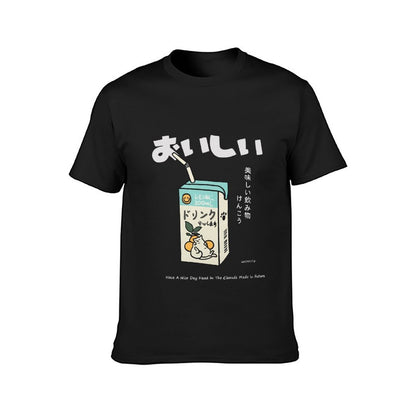 Inkmay Casual Cotton T-shirt Lemon Drink With Cat Illustration Unisex T-shirtFitted TrueStyle T-Shirt