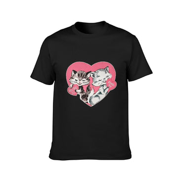 Inkmay Casual Cotton T-shirt Cute Cats Holding Hearts Pattern Prints Unisex T-shirtWeekend Lifestyle T-Shirt