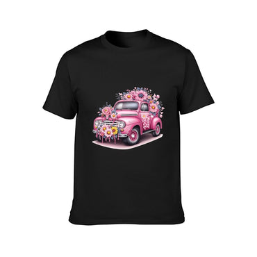 Inkmay Casual Cotton T-shirt Floral Decorated Pink Car Artwork Unisex T-shirtComfort Crisp Print T-Shirt
