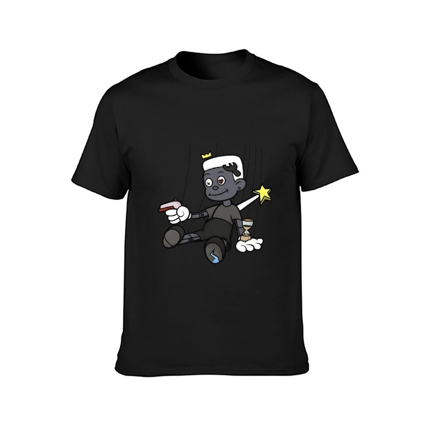 Inkmay Casual Cotton T-shirt Cartoon Puppet Holding Gun And Star Unisex T-shirt