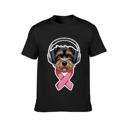 Inkmay Casual  Cotton T-shirt Dog Wearing Headphones Pink Ribbon Support Unisex T-shirtClean Chill T-Shirt