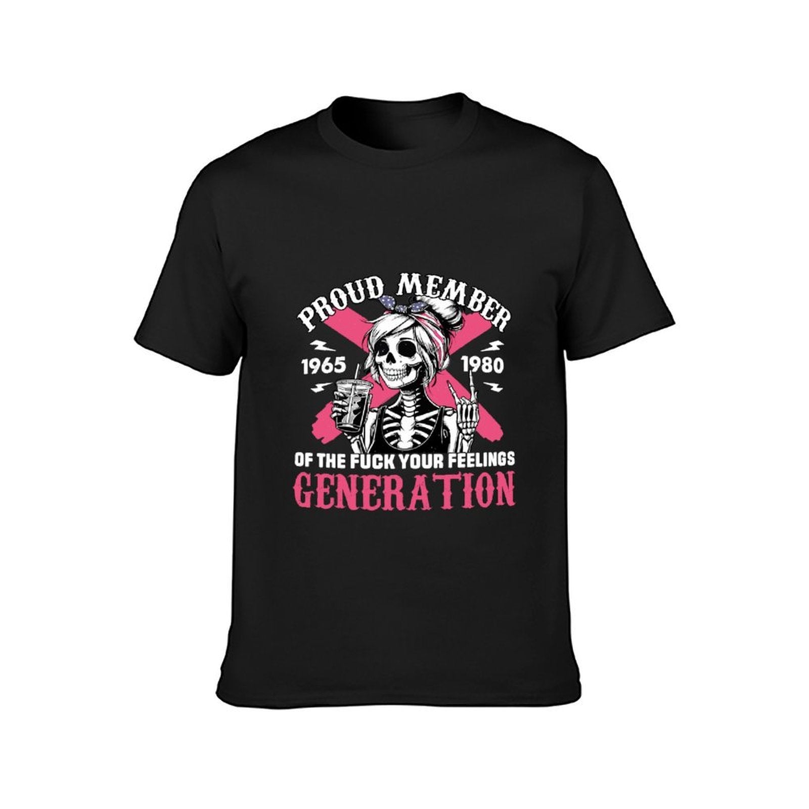 Inkmay Casual Cotton T-shirt Proud Member Skeleton Girl Pink Background Unisex T-shirtStrong V-Neck T-Shirt