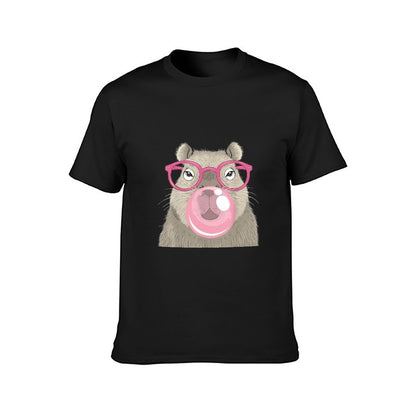 Inkmay Casual Cotton T-shirt Cartoon Bear With Pink Glasses Bubble Unisex T-shirt