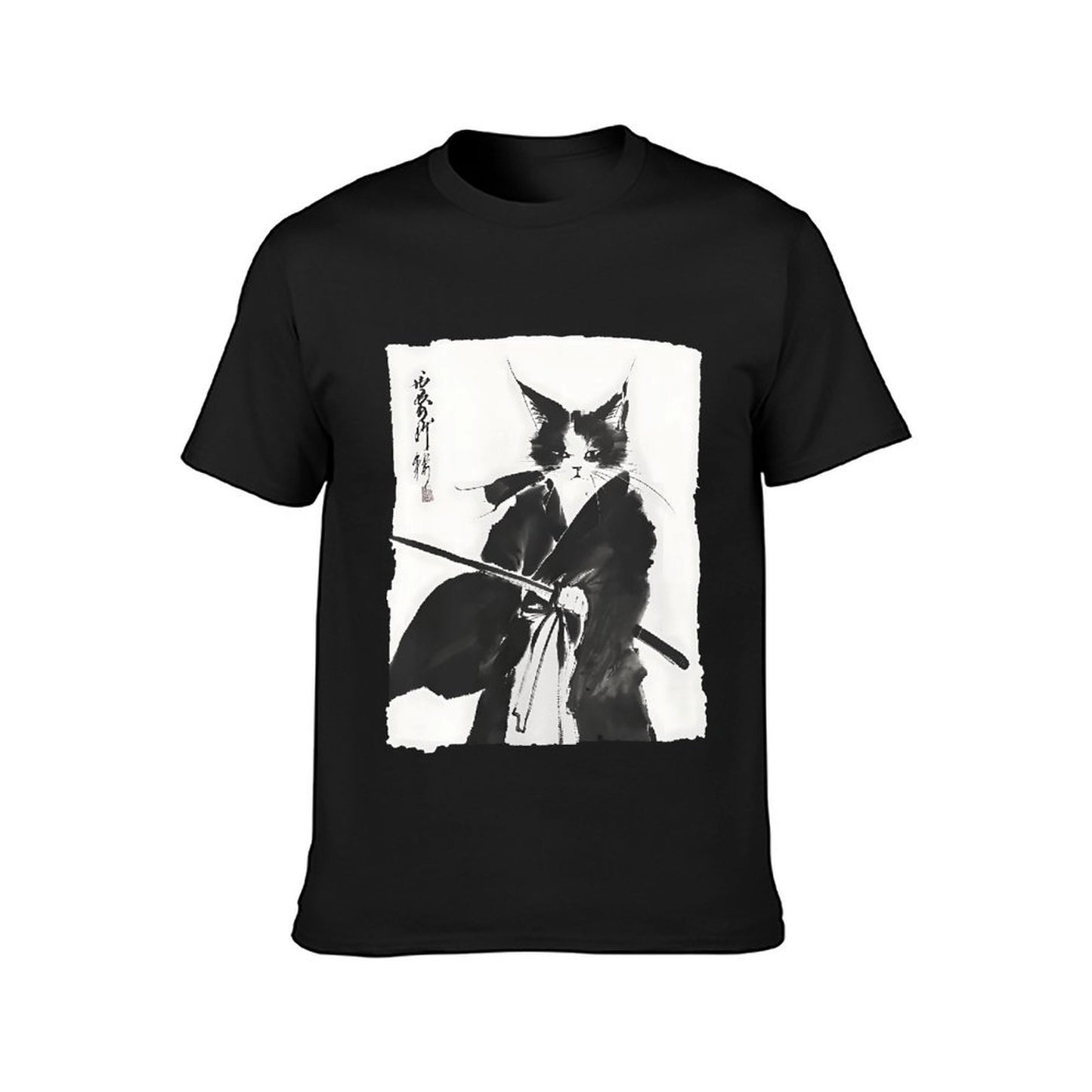 Inkmay Casual Cotton T-shirt Artistic Cat With Samurai Sword Design Unisex T-shirtClassicStyle Vibrant Colors T-Shirt