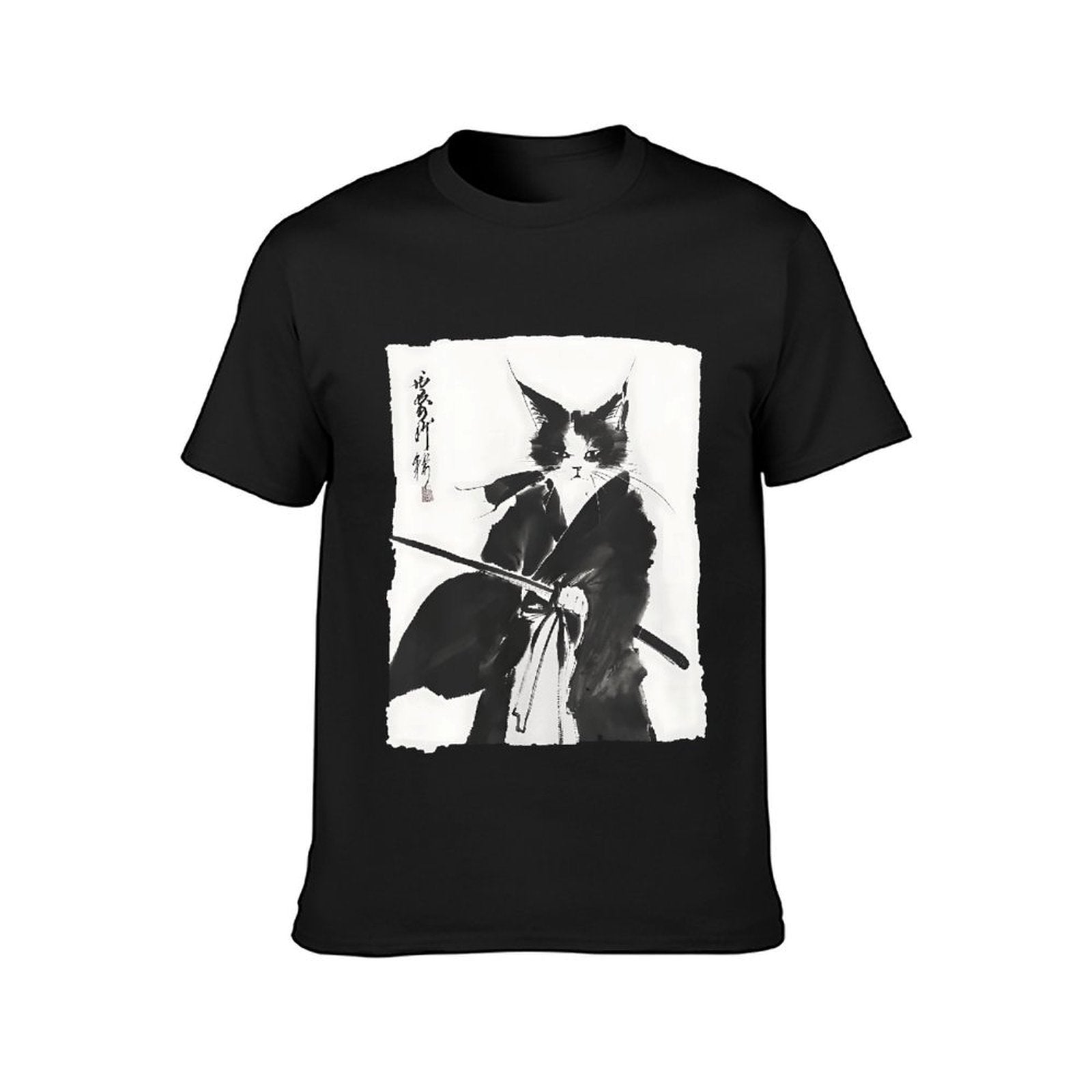 Inkmay Casual Cotton T-shirt Artistic Cat With Samurai Sword Design Unisex T-shirtClassicStyle Vibrant Colors T-Shirt