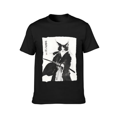 Inkmay Casual Cotton T-shirt Artistic Cat With Samurai Sword Design Unisex T-shirtClassicStyle Vibrant Colors T-Shirt