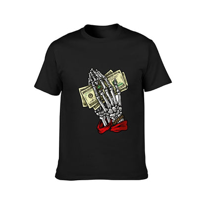Inkmay Casual  Cotton T-shirt Skeleton Hand Holding Money Bills Art Unisex T-shirtBreathable EverydayTee T-Shirt
