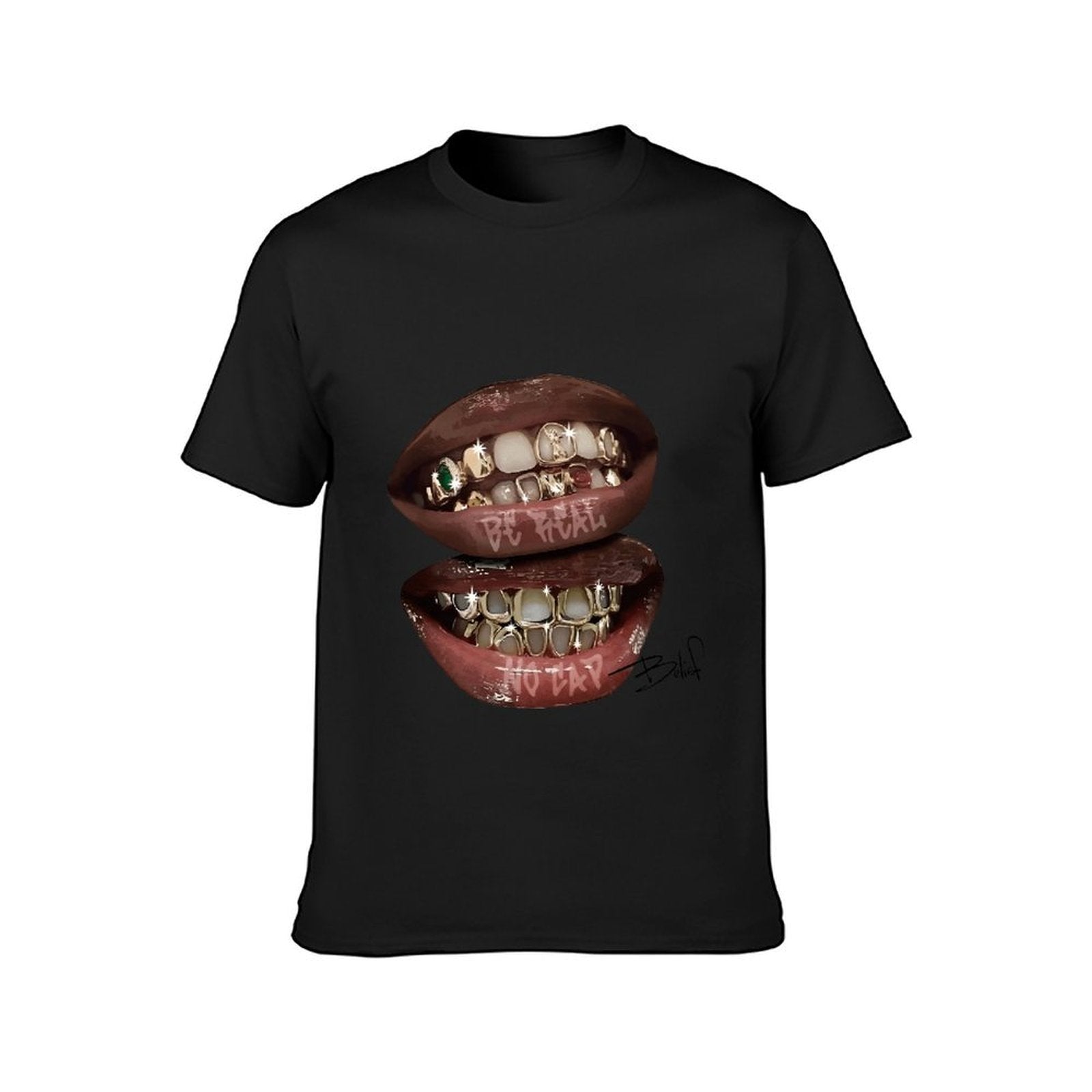 Inkmay Casual Cotton T-shirt Golden Teeth With Shiny Gems Embedded Unisex T-shirtLightweight Chill T-Shirt