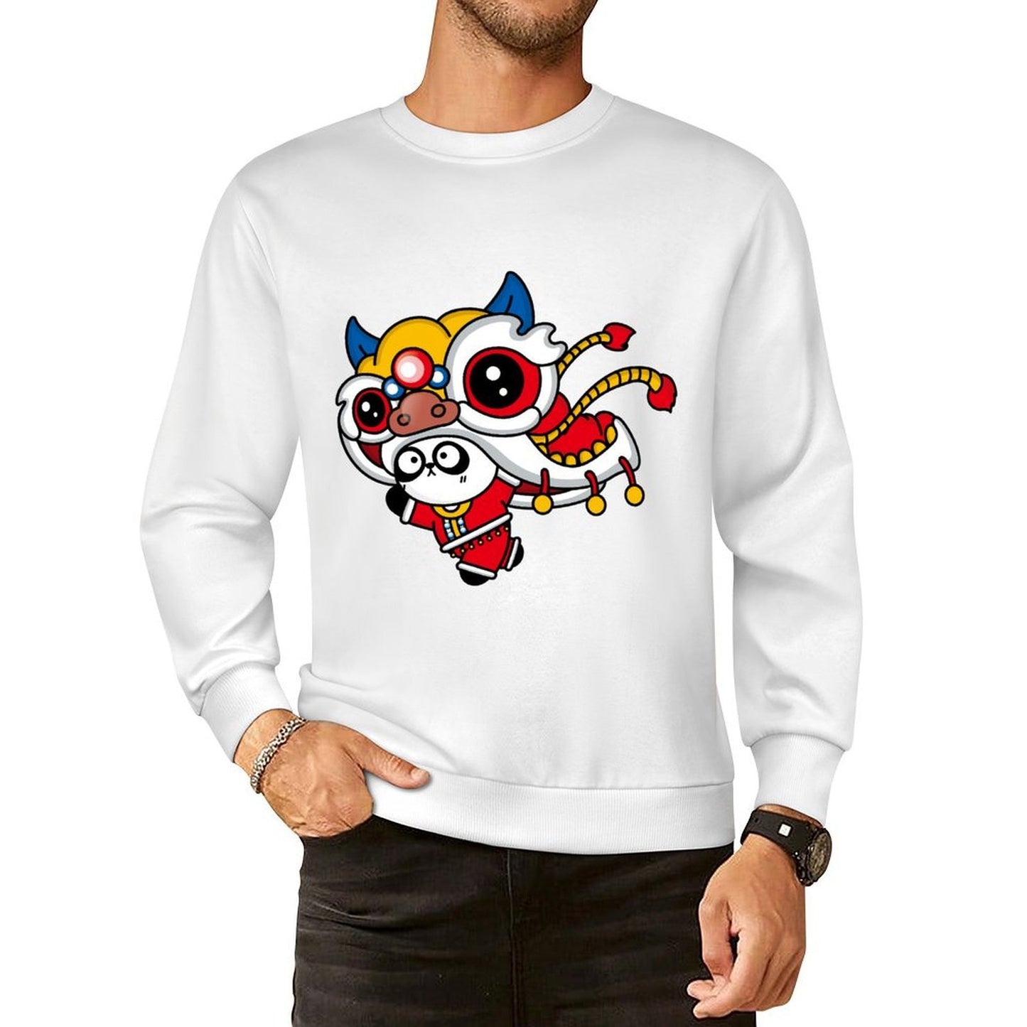 Front Patterned Long Sleeve TopFade-Resistant Crewneck