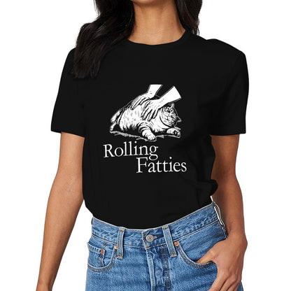 Inkmay Casual  Cotton T-shirt Rolling Fatties Cat Massage Art Print Unisex T-shirt
