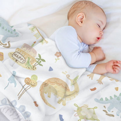 Dinosaur Print Blanket White with Multicolor Dinosaurs and Moon Pattern for Cozy Bedding