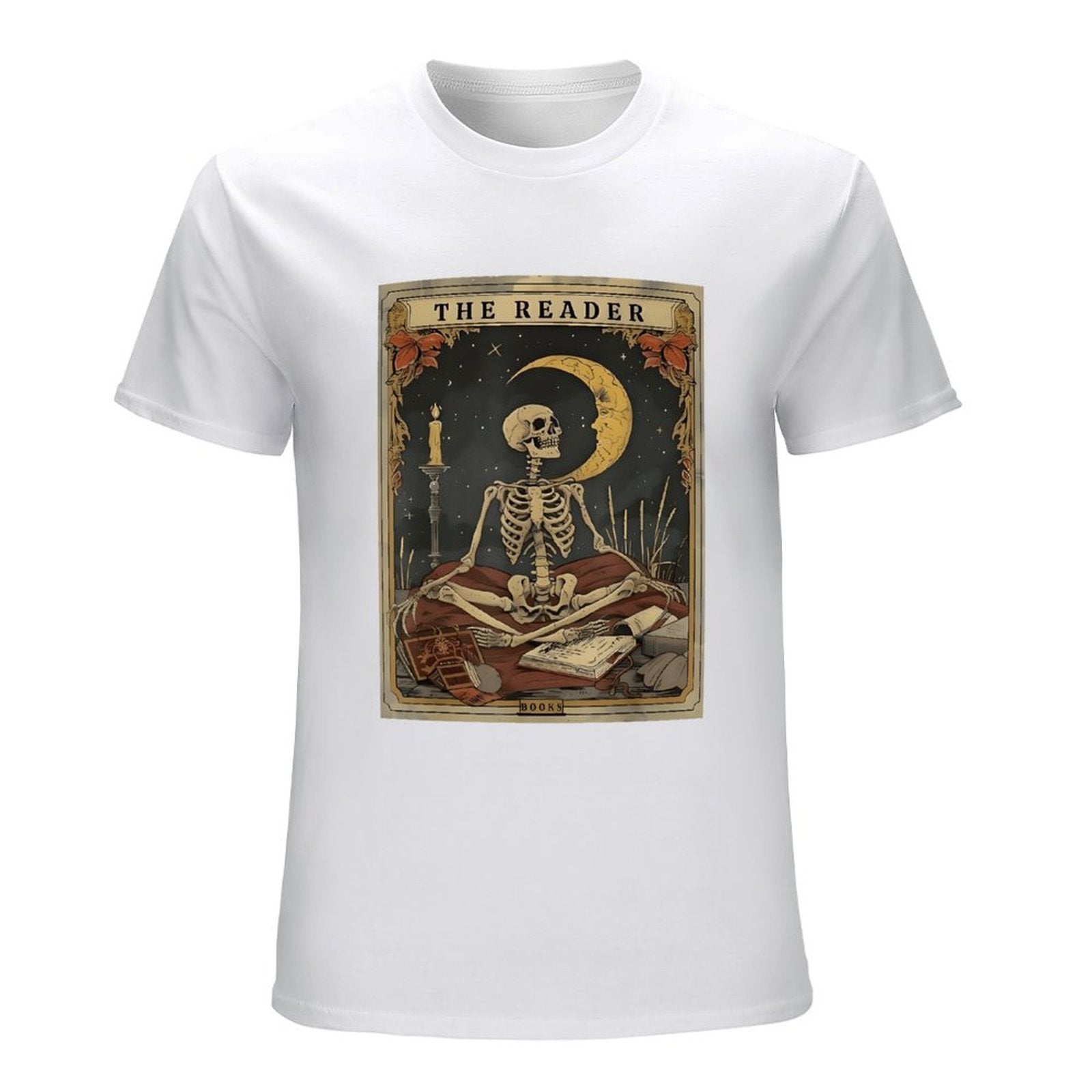 Inkmay Casual  Cotton T-shirt The Reader Skeleton With Crescent Moon Unisex T-shirtSimpleFit RelaxFit T-Shirt