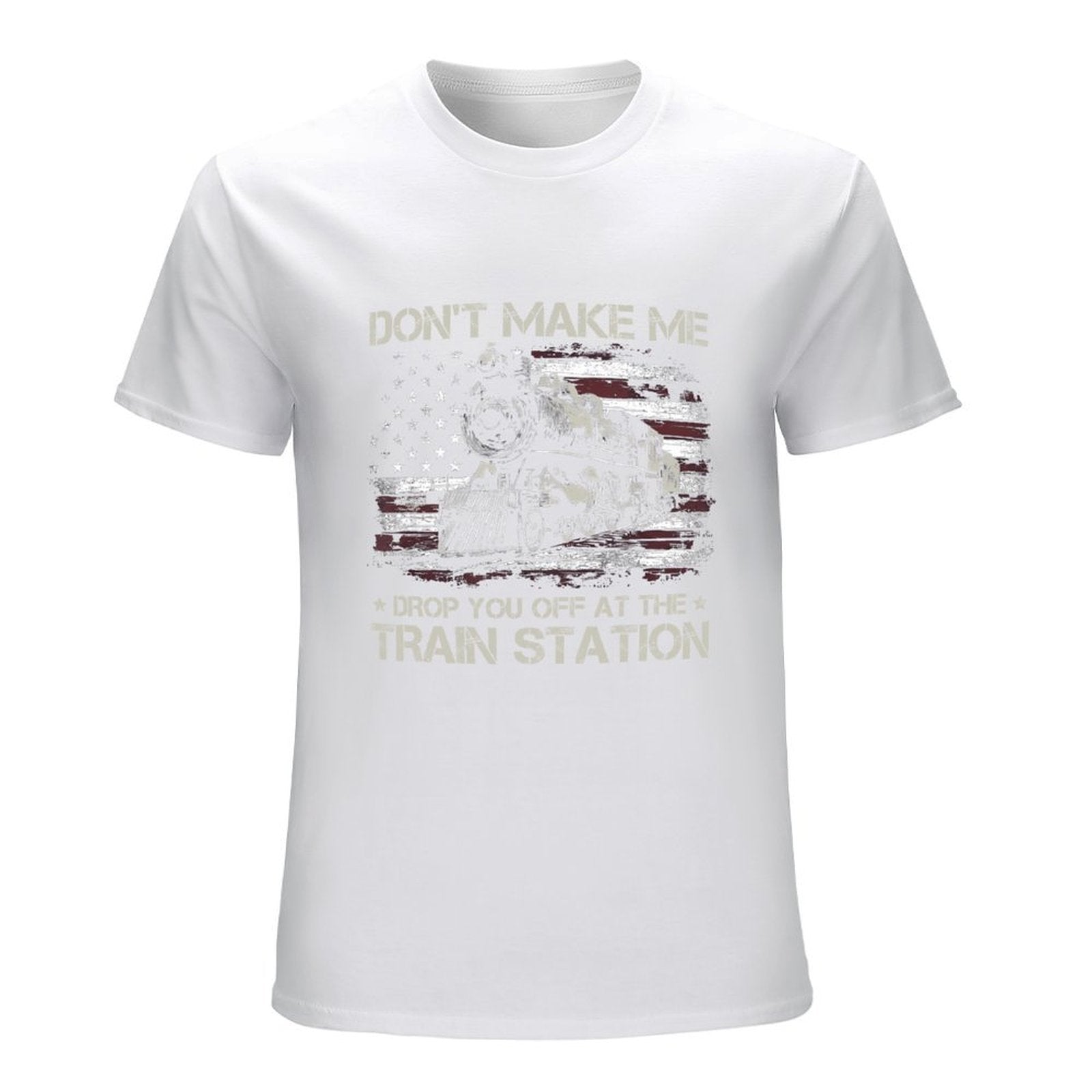 Inkmay Casual  Cotton T-shirt American Flag With Train Graphic Design Unisex T-shirtMidweight Soft-Touch T-Shirt