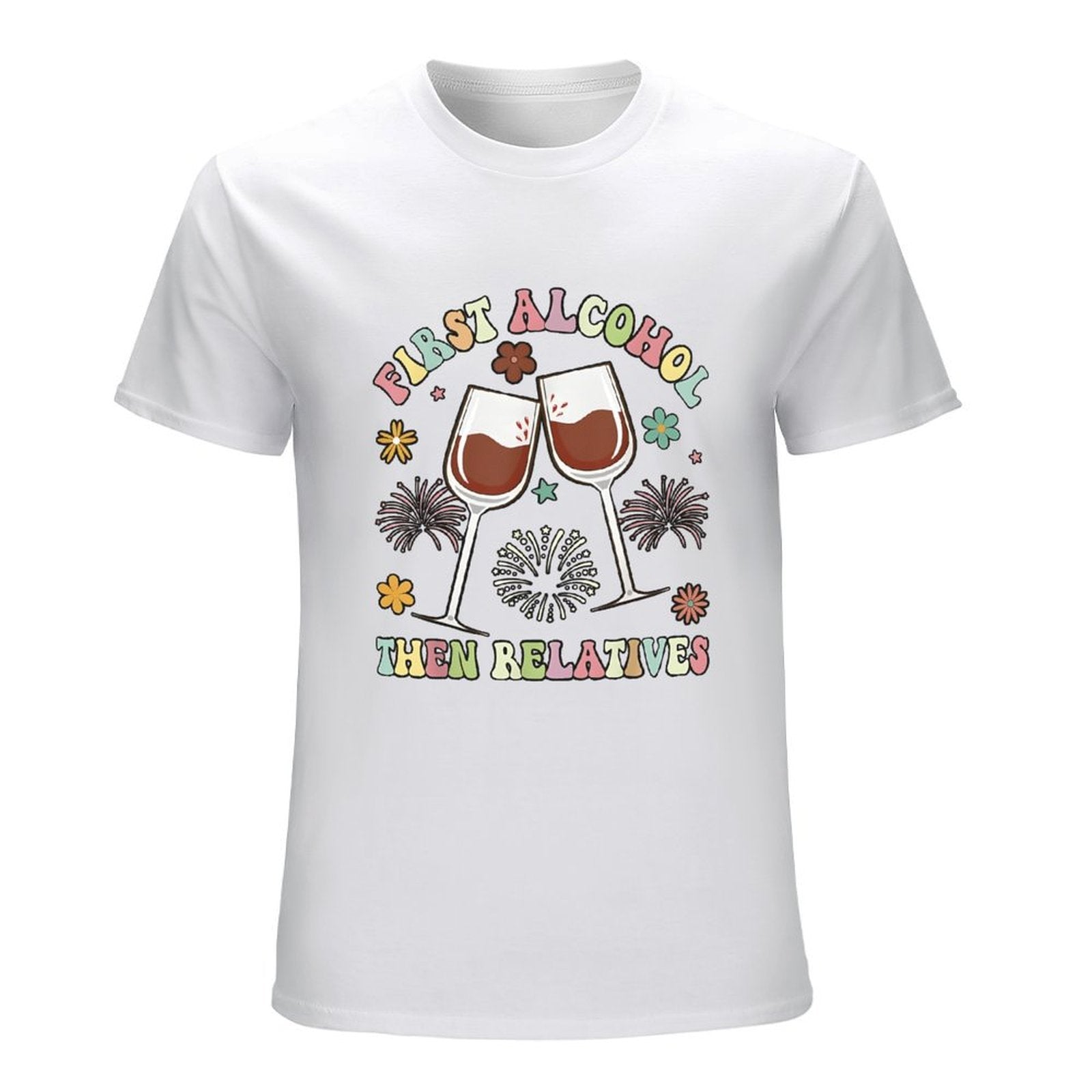 Inkmay Casual  Cotton T-shirt First Alcohol Then Relatives Wine Glasses Unisex T-shirtColorfast EasyWear T-Shirt