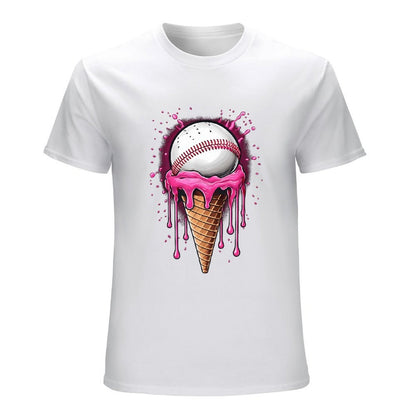 Inkmay Casual  Cotton T-shirt Baseball On Ice Cream Cone Art Unisex T-shirtLogo-Ready Vibrant Colors T-Shirt