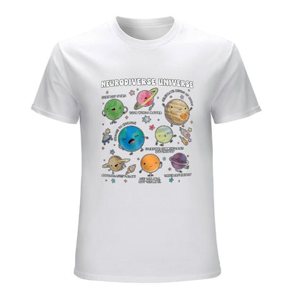 Inkmay Casual  Cotton T-shirt Neurodiverse Universe Planets With Friendly Faces Unisex T-shirtMinimal ComfortLine T-Shirt