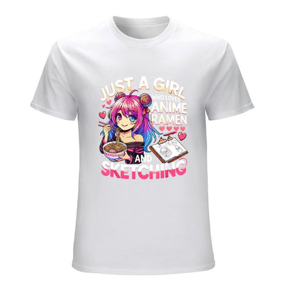 Inkmay Casual  Cotton T-shirt Anime Girl Eating Ramen And Unisex T-shirtTimeless Breathable T-Shirt