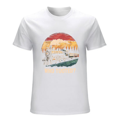 Inkmay Casual  Cotton T-shirt Vintage Train Sunset Landscape Artwork Design Unisex T-shirtBatch-Printed Cotton T-Shirt