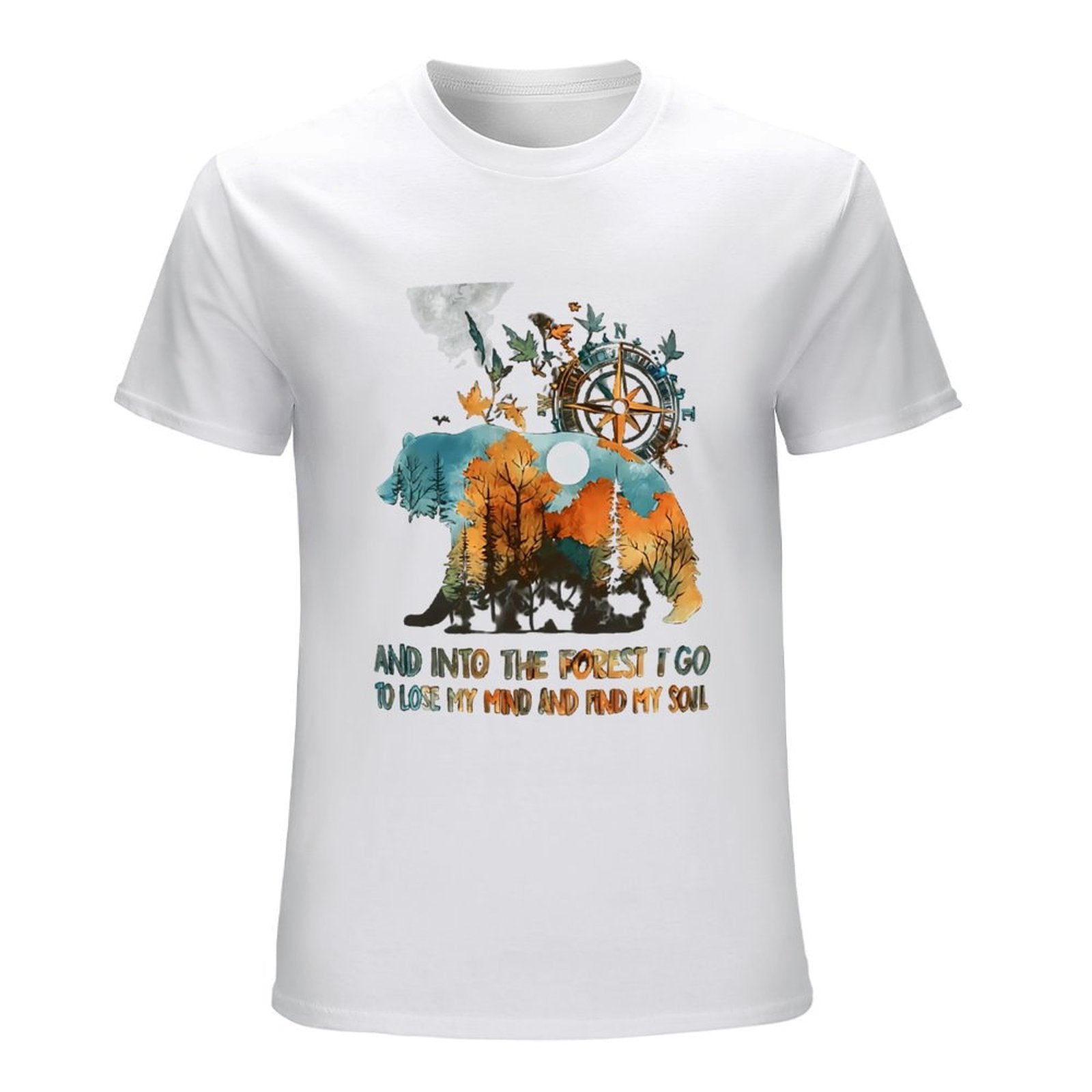 Inkmay Casual  Cotton T-shirt Bear Forest Compass Nature Artwork Design Unisex T-shirtTimelessStyle Long Lasting T-Shirt