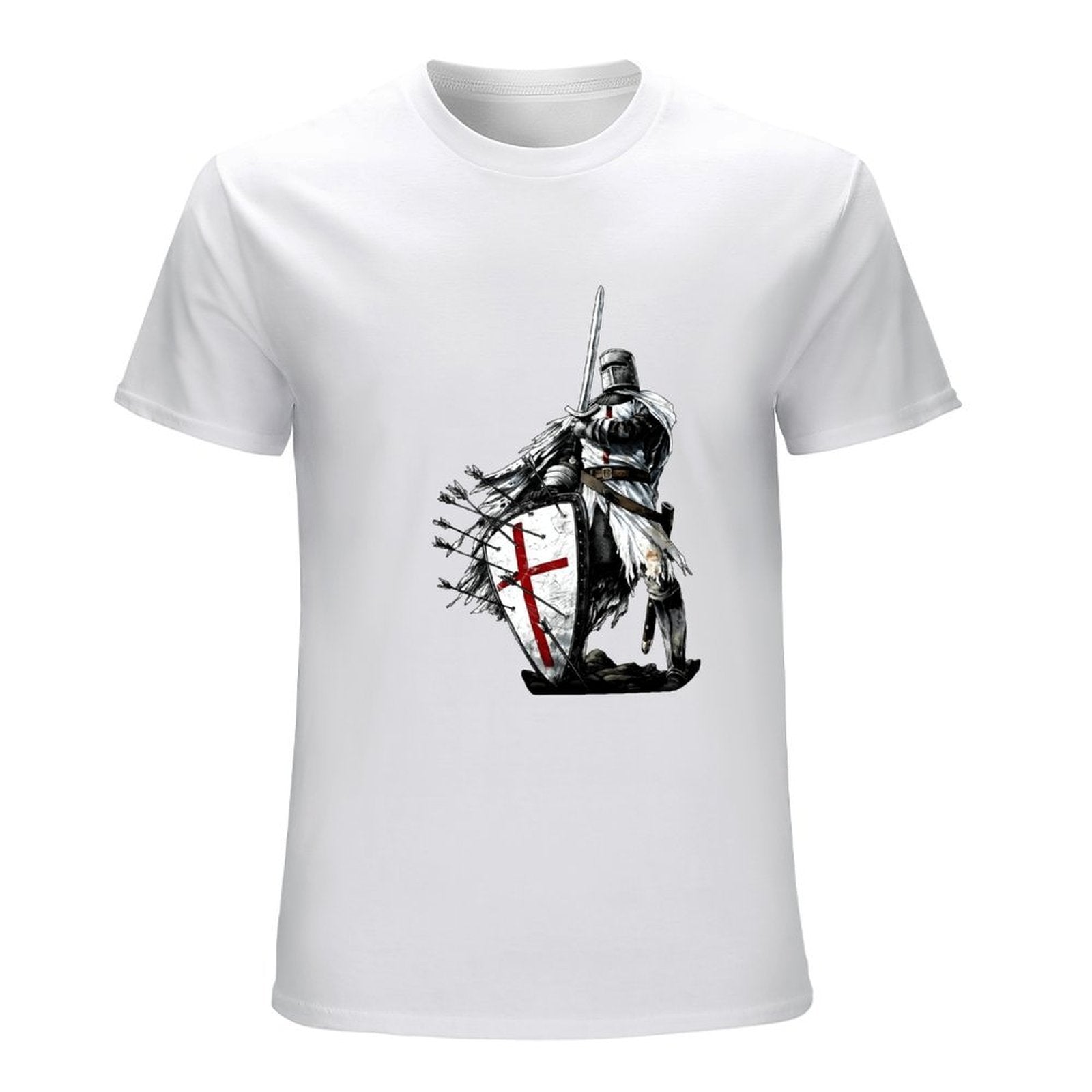 Inkmay Casual  Cotton T-shirt Knight In Armor Holding Shield Sword Unisex T-shirtOn-Demand Batch-Printed T-Shirt