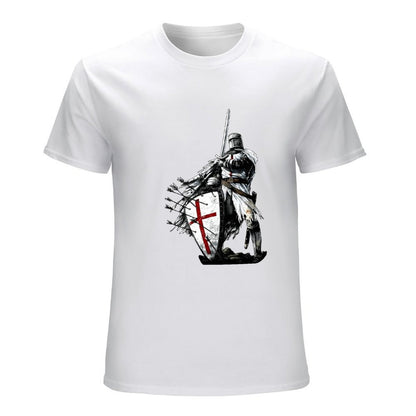 Inkmay Casual  Cotton T-shirt Knight In Armor Holding Shield Sword Unisex T-shirtOn-Demand Batch-Printed T-Shirt