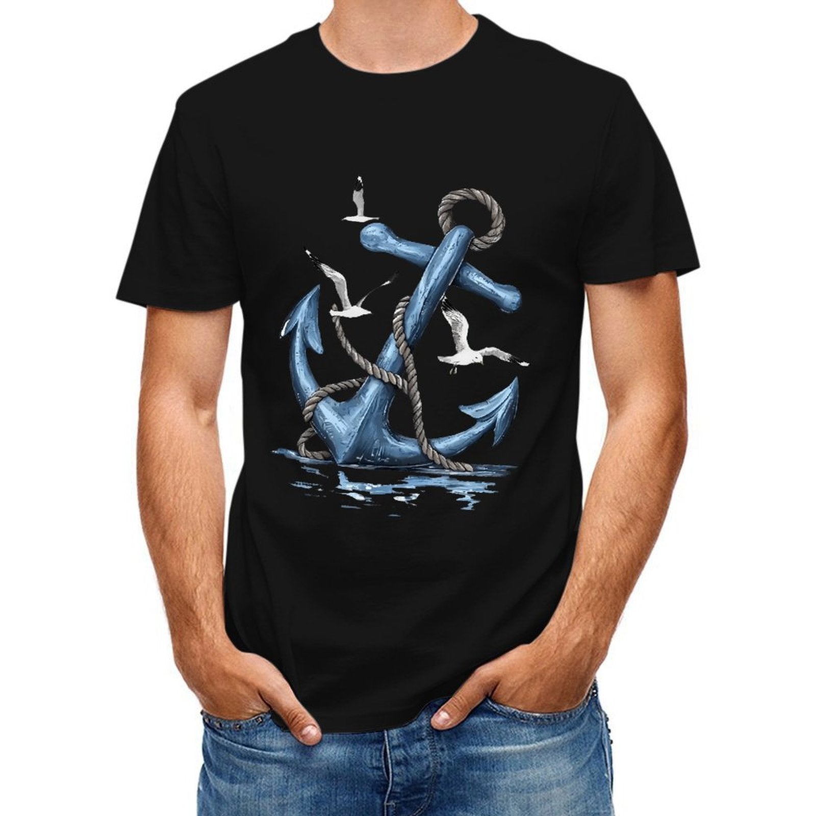 Inkmay Casual  Cotton T-shirt Anchor With Rope And Birds Unisex T-shirtStudio Lifestyle T-Shirt