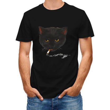 Inkmay Casual  Cotton T-shirt Black Cat Smoking Cigarette Art Print Unisex T-shirtRetro Daily T-Shirt