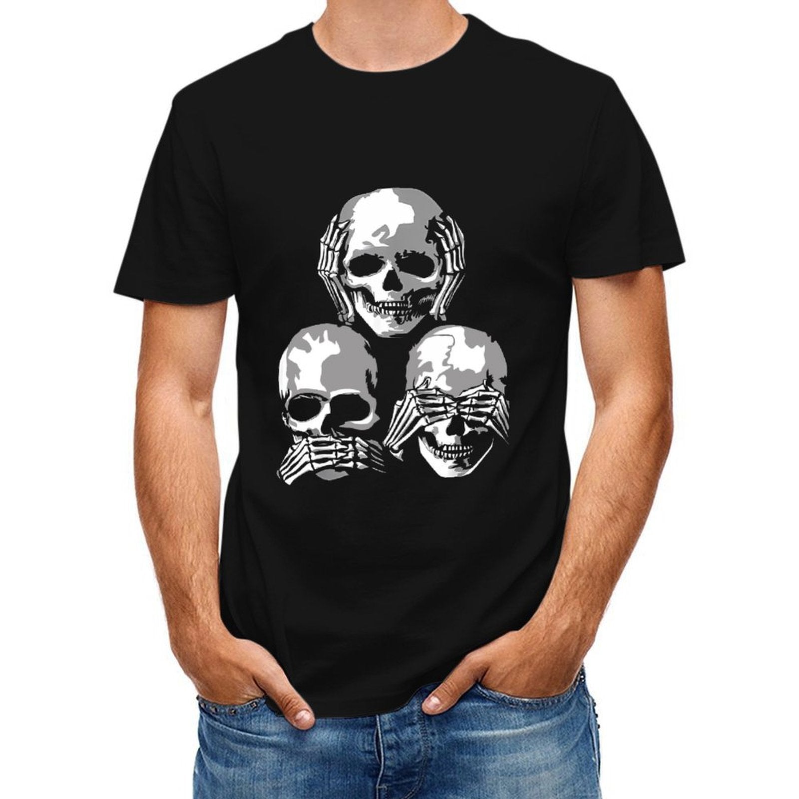 Inkmay Casual Cotton T-shirt Three Skulls Covering Eyes Mouth Unisex T-shirtClassic Outdoor T-Shirt