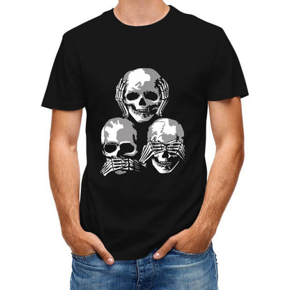 Inkmay Casual Cotton T-shirt Three Skulls Covering Eyes Mouth Unisex T-shirtClassic Outdoor T-Shirt
