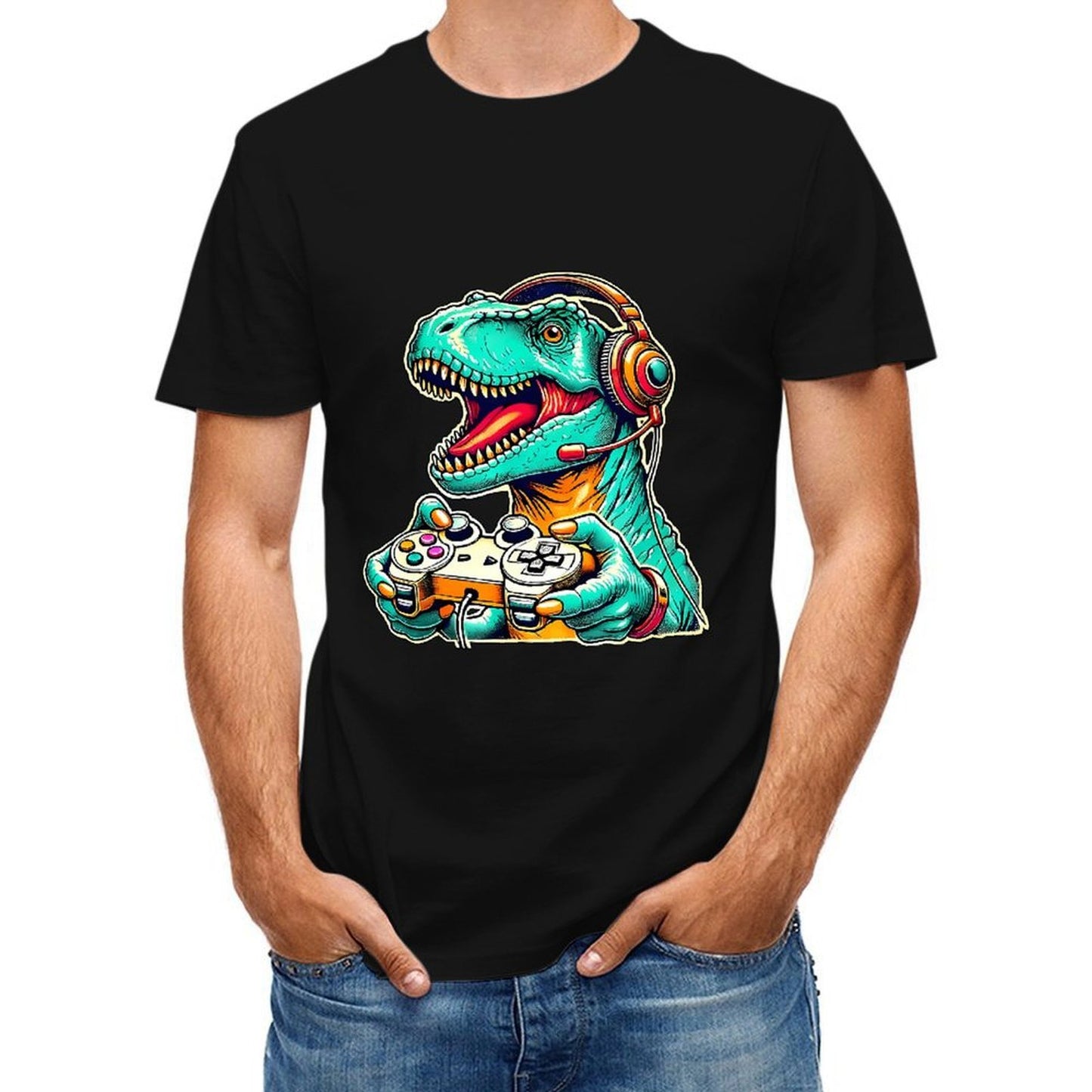 Inkmay Casual Cotton T-shirt Gaming Dinosaur With Headphones And Unisex T-shirtClassic Easy-Care T-Shirt