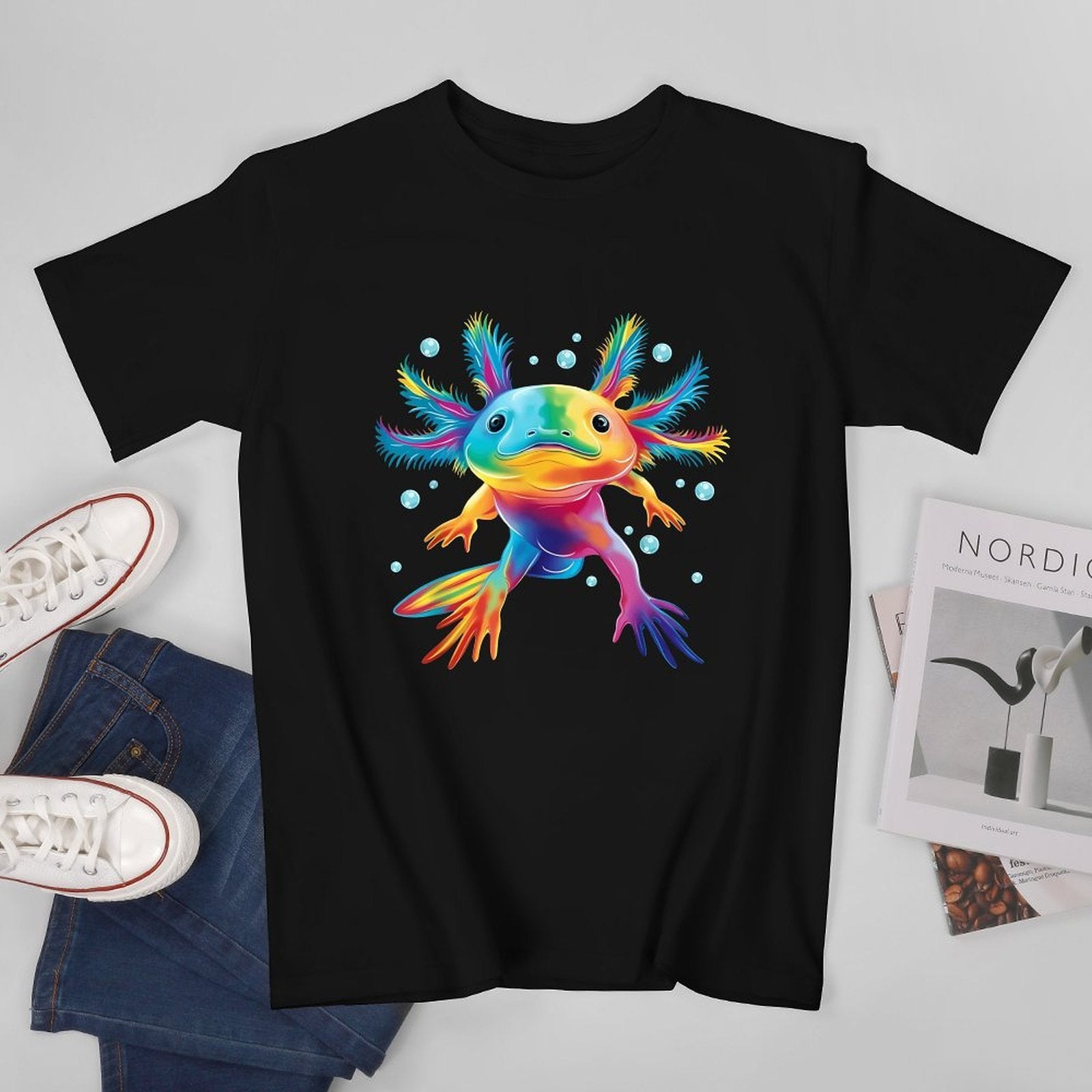 Inkmay Casual  Cotton T-shirt Colorful Axolotl With Vibrant Feathers Unisex T-shirtReliable Heavyweight T-Shirt