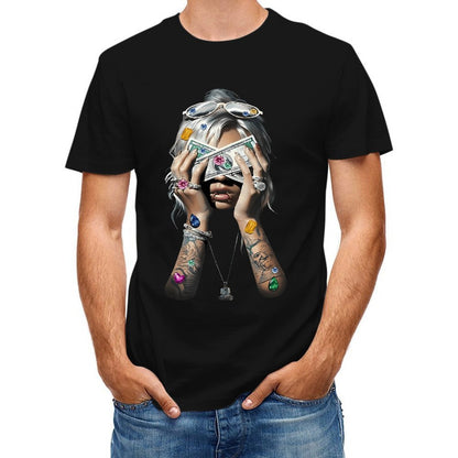 Inkmay Casual Cotton T-shirt Luxury Woman Holding Money With Gems Unisex T-shirtOriginal Chill T-Shirt