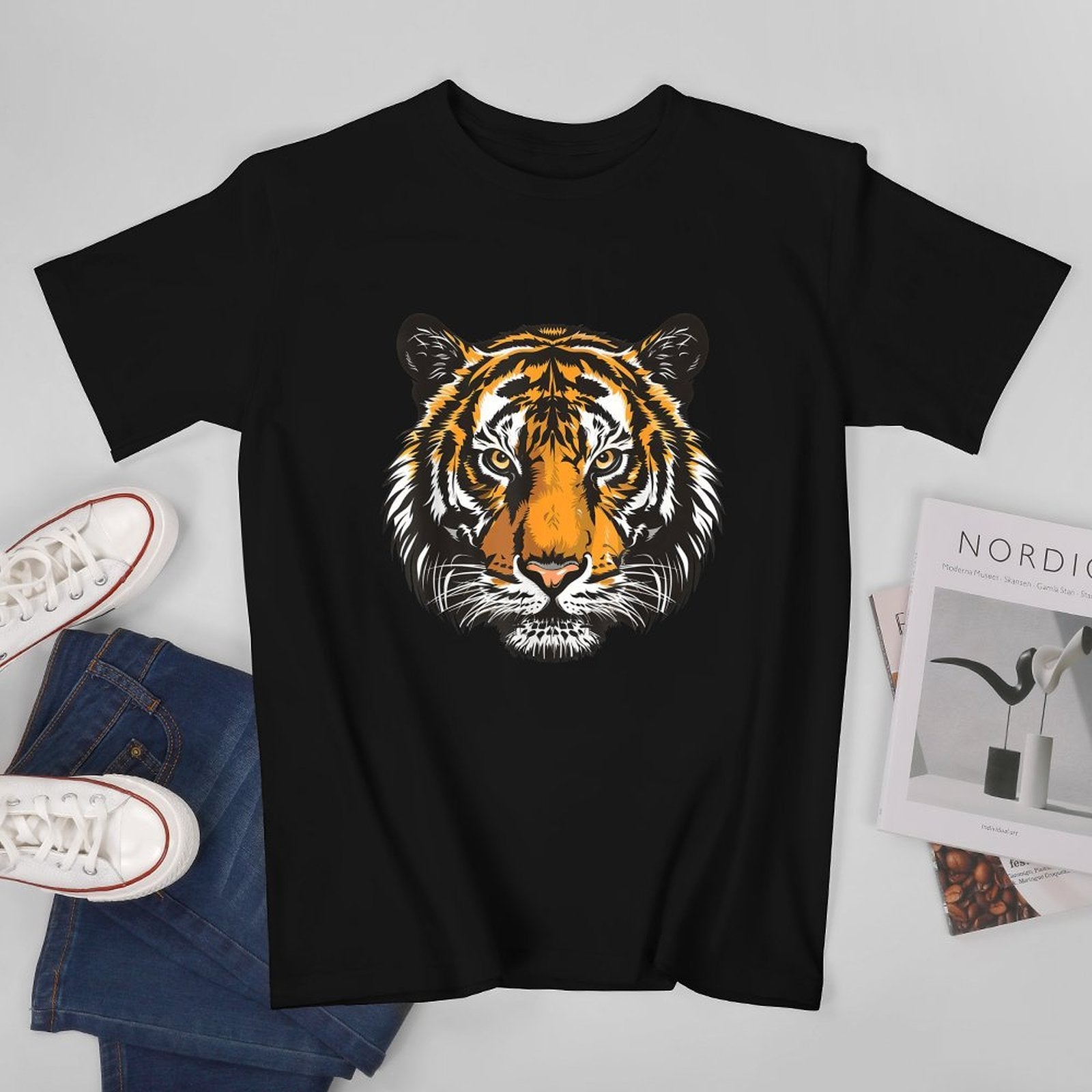 Inkmay Casual  Cotton T-shirt Tiger Face Symmetry Art Print Design Unisex T-shirtBatch-Printed Original T-Shirt
